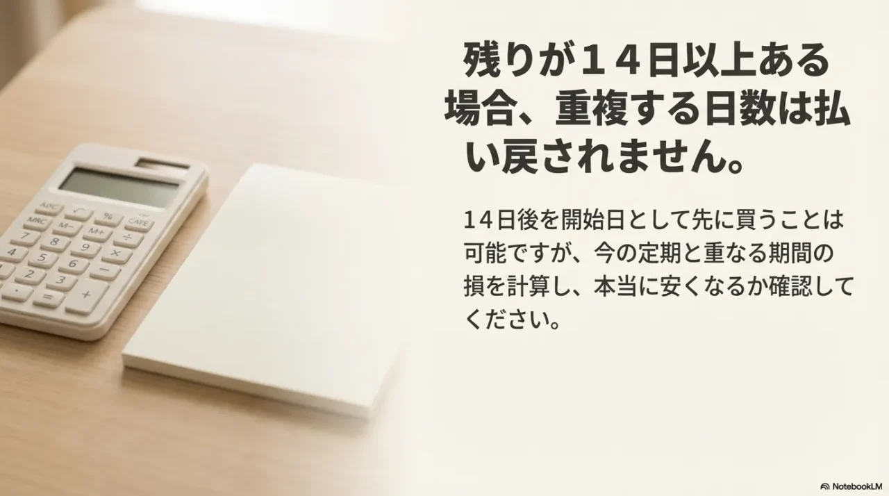 今の定期が14日以上残る場合は重複日数の払い戻しがないことを示す画像
