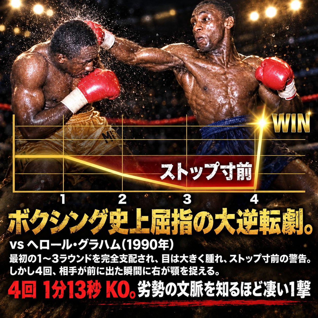 ヘロール・グラハム戦を題材に、序盤の劣勢から4回1分13秒KOで逆転したジュリアン・ジャクソンの一撃を示す画像。
