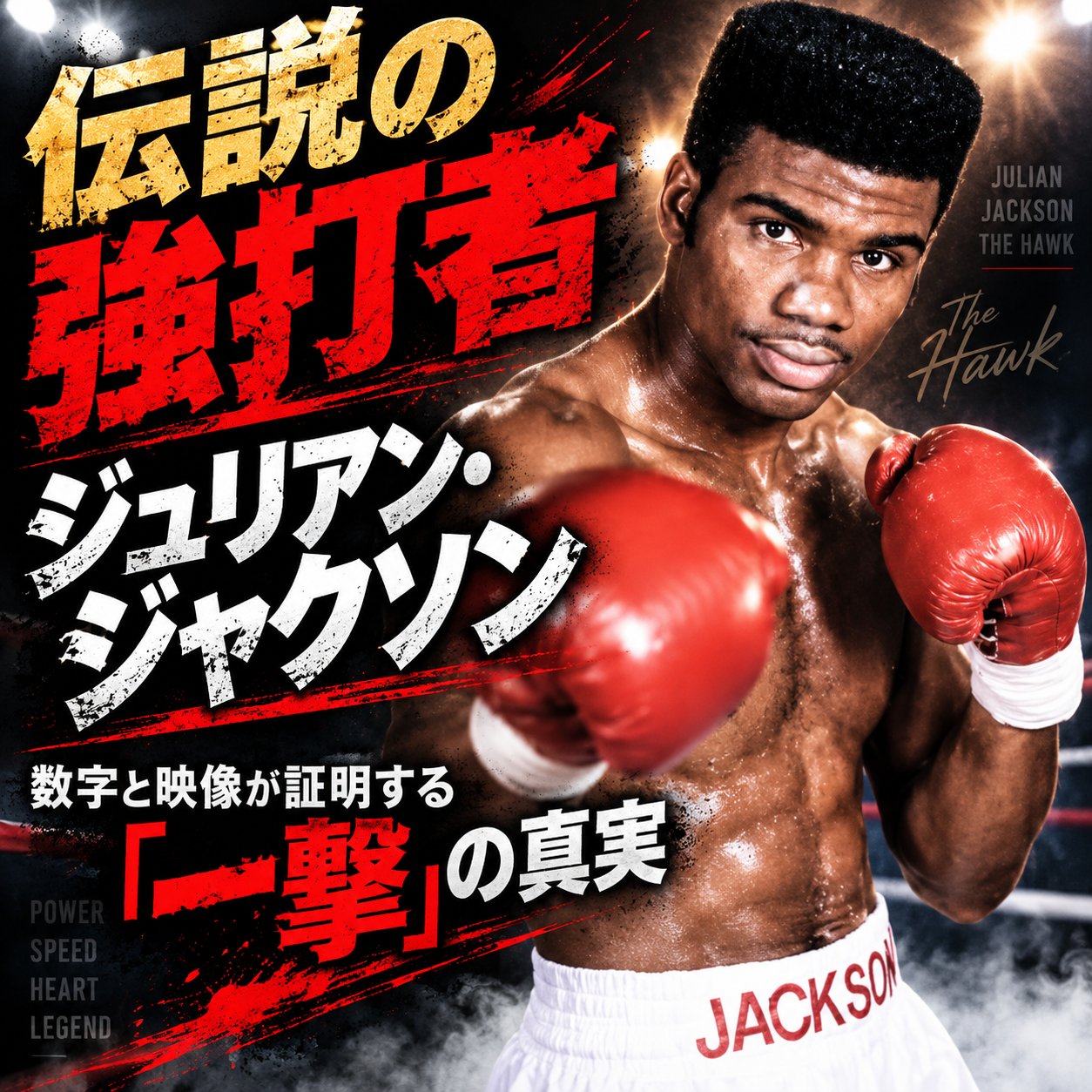 赤いグローブを構えるジュリアン・ジャクソンを背景に、「伝説の強打者」と一撃の決定力を強調したボクシング記事用ビジュアル。