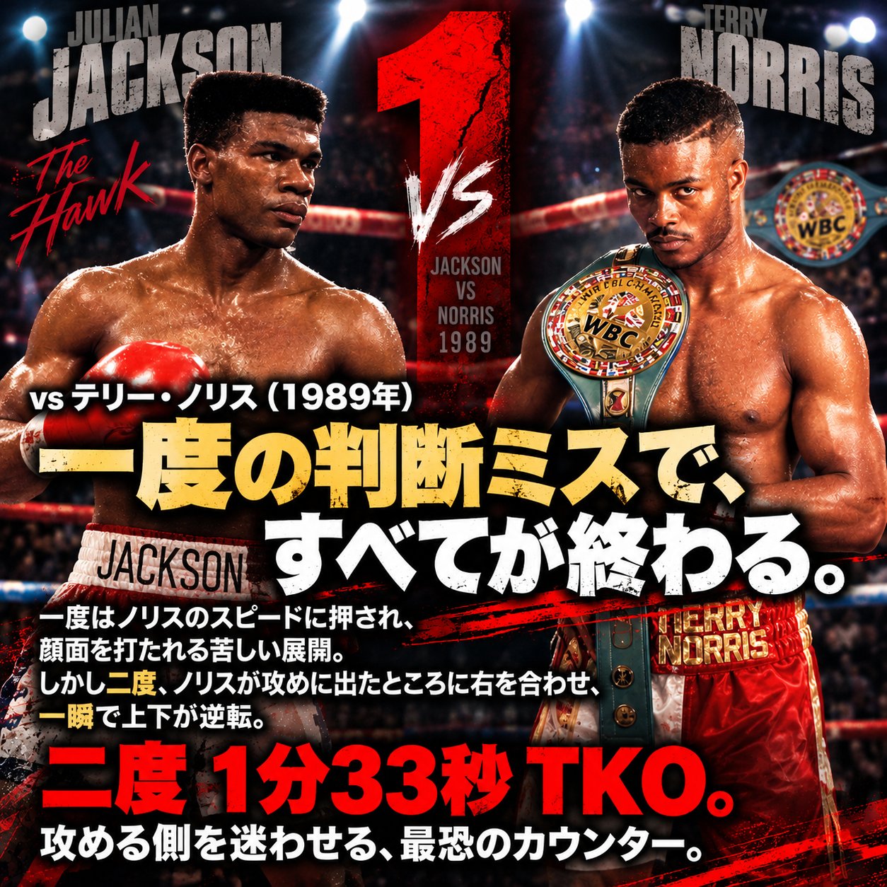 ジュリアン・ジャクソンとテリー・ノリスを向かい合わせに配置し、1989年の試合と2回1分33秒TKOを強調した画像。