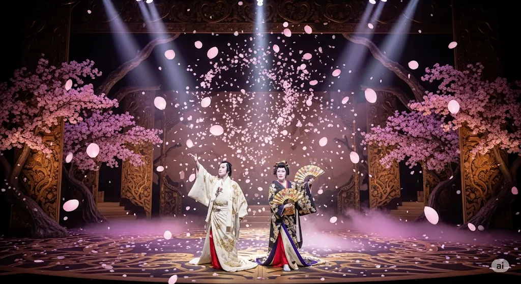 満開の桜が咲き乱れる舞台で、白い着物の女形と黒い着物の女形が、それぞれ扇子を持ち優雅に舞っている。舞台には桜の花びらが舞い、幻想的な雰囲気が漂っている。