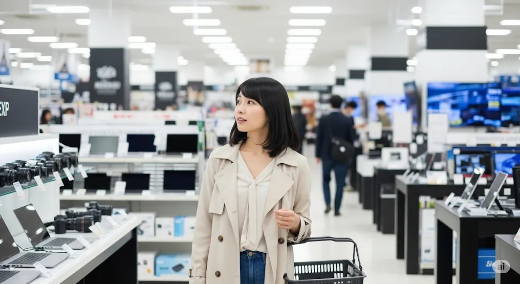 家電量販店で買い物をする女性。