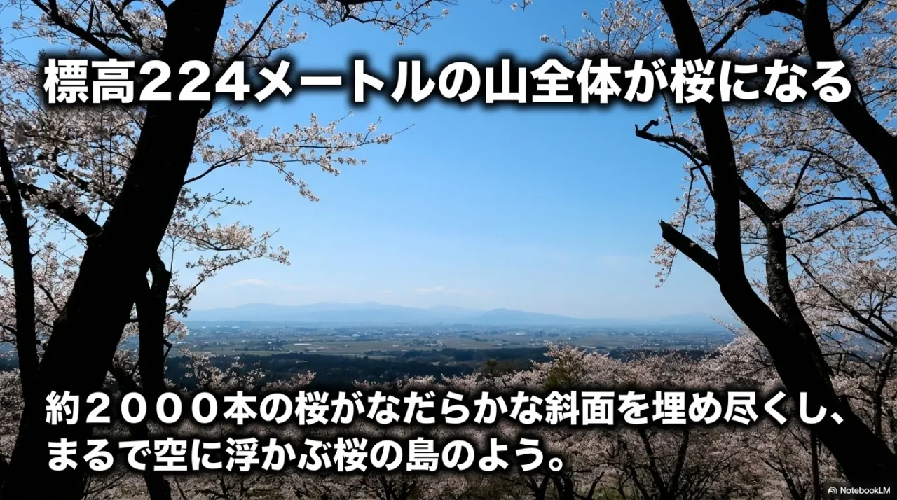 標高224メートルの加護坊山に約2000本の桜が広がる景観を紹介する画像