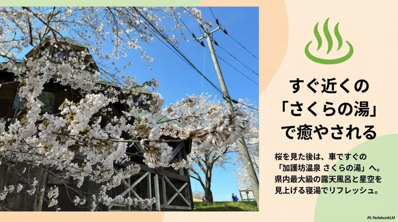 加護坊山の花見後に立ち寄りやすい加護坊温泉さくらの湯を紹介する画像