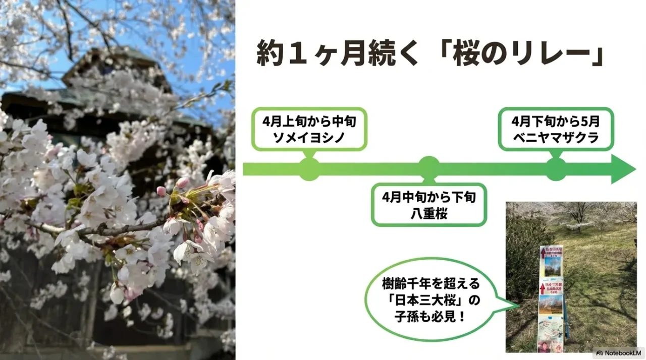 ソメイヨシノから八重桜まで続く加護坊山の見頃の流れを示した画像