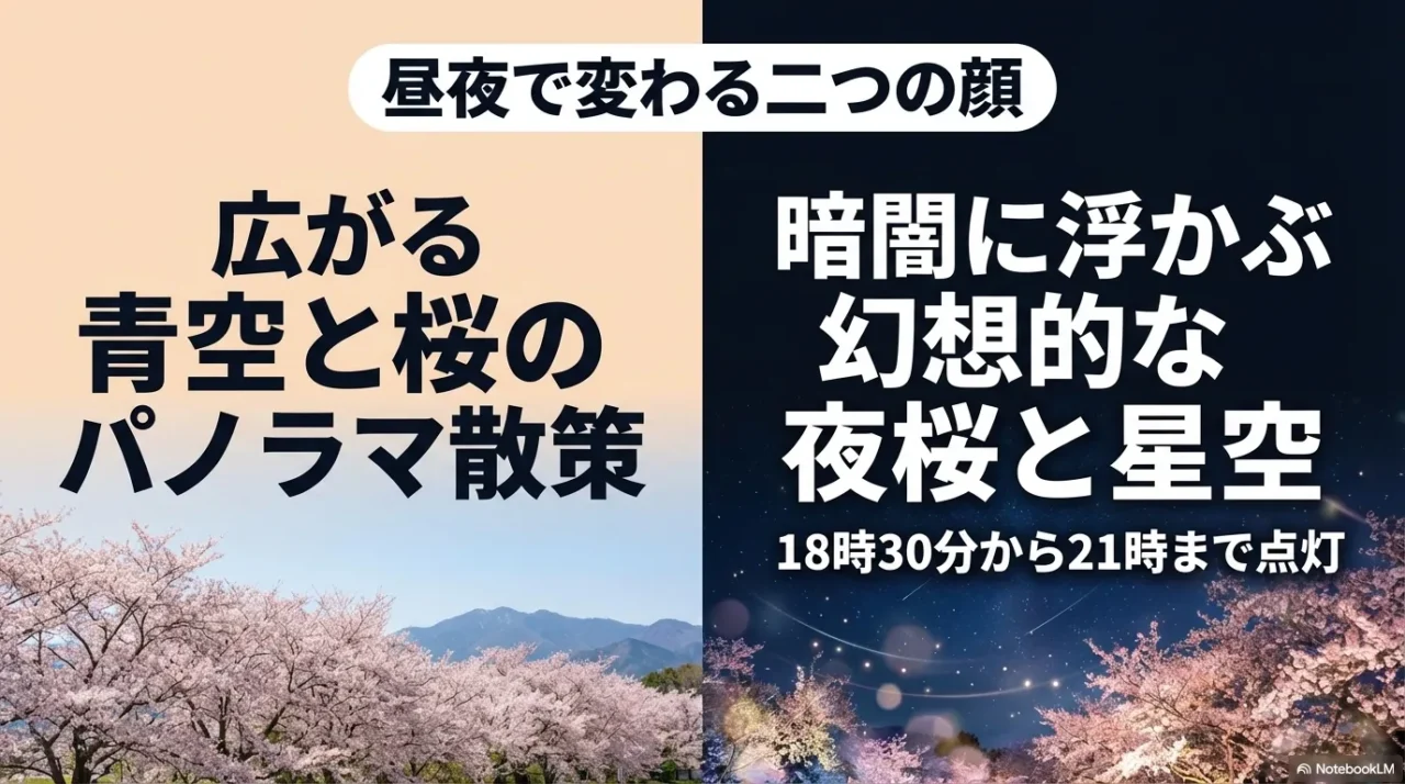 昼の桜景色と夜のライトアップを対比して見せる加護坊桜まつりの比較画像