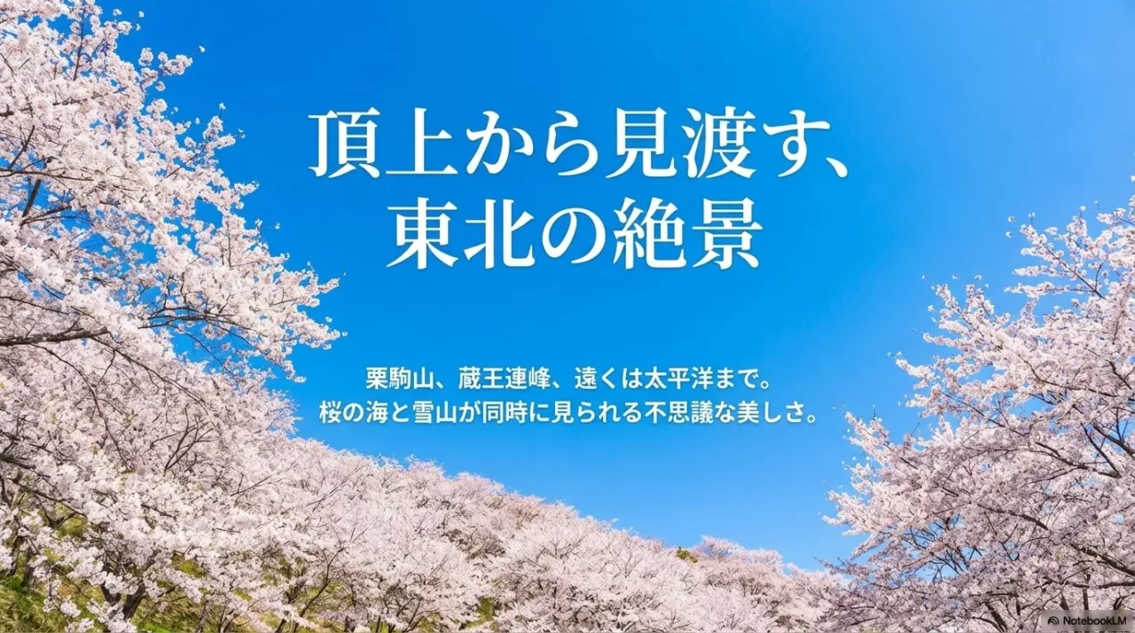 加護坊山の頂上付近から見渡す桜と青空のパノラマ景観を伝える画像