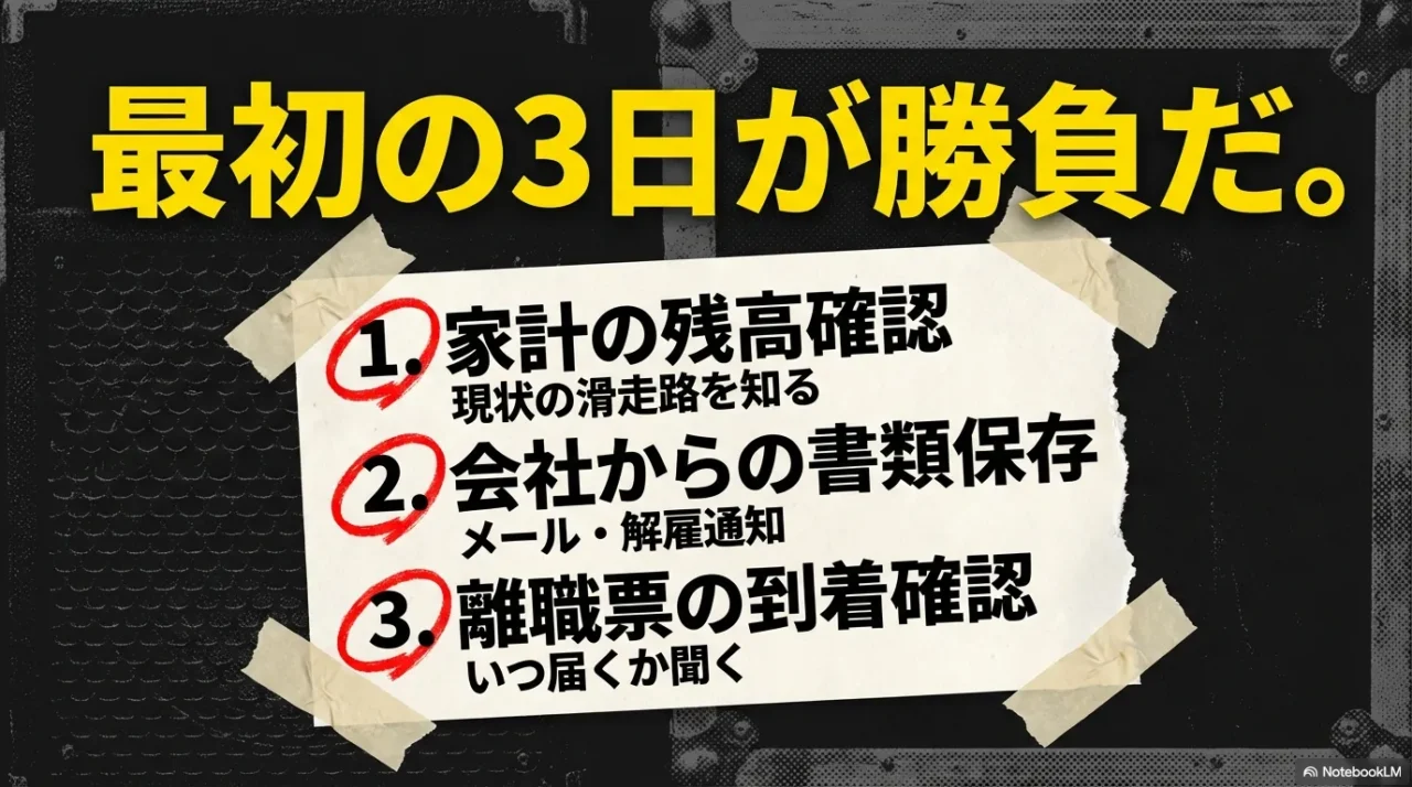 「最初の3日が勝負だ」と家計確認・書類保存・離職票確認を示す画像