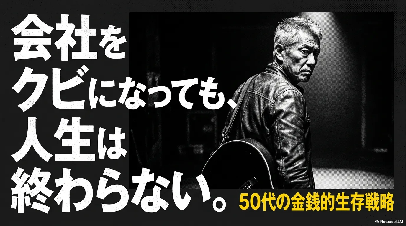 短髪の50代男性と「会社をクビになっても人生は終わらない」というメッセージの画像