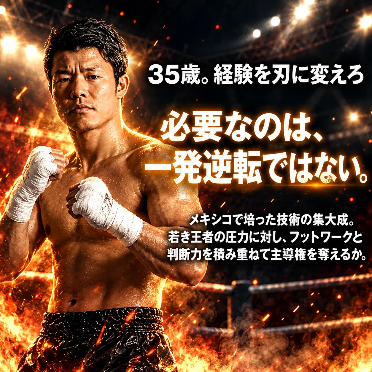 炎に包まれたリングを背景に、白いバンデージを巻いて構える亀田和毅の姿と「35歳。経験を刃に変えろ」「必要なのは、一発逆転ではない。」の文字を配した画像。
