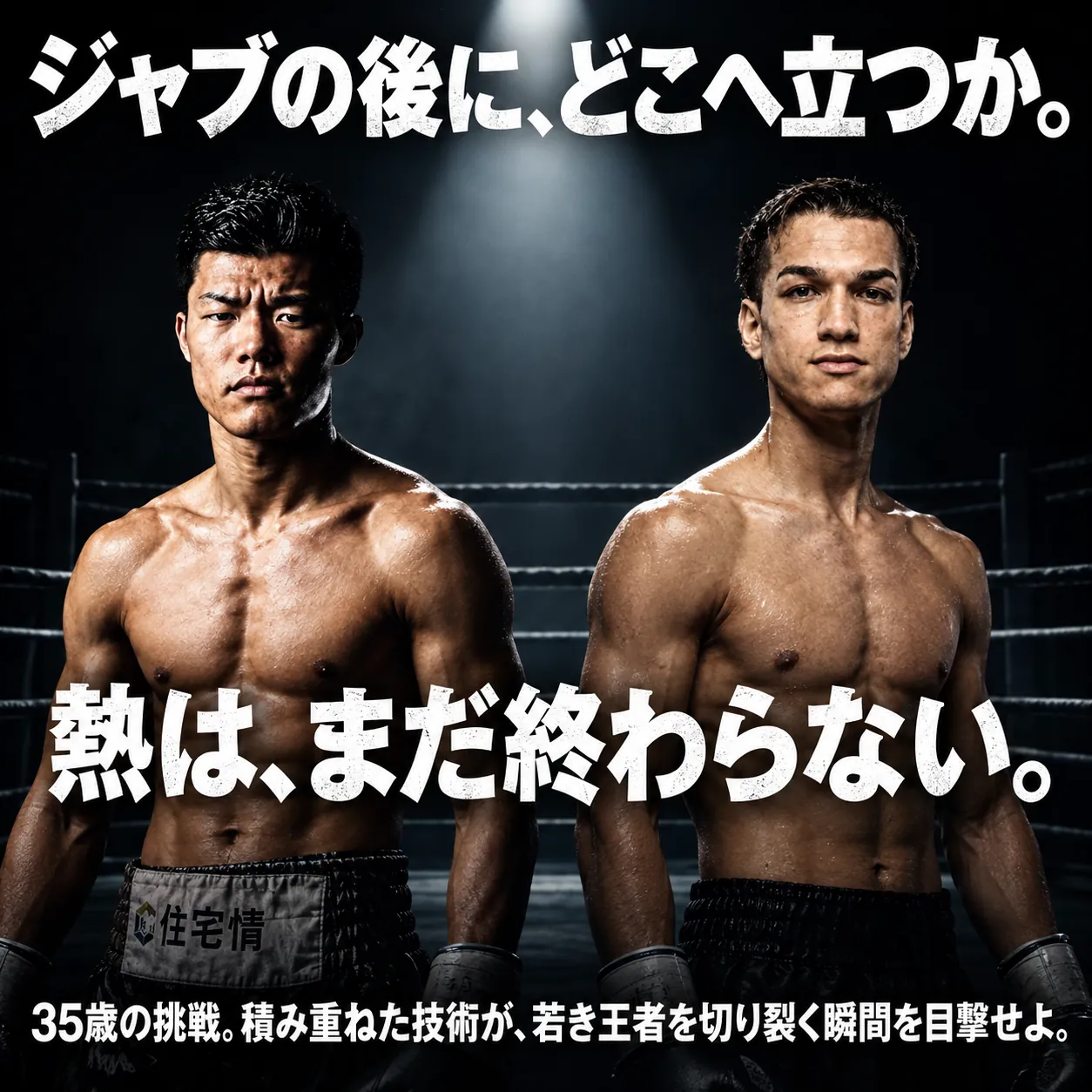 暗いリングの中央に亀田和毅とブランドン・フィゲロアを並べ、「ジャブの後に、どこへ立つか」「熱は、まだ終わらない。」の文字を配置した試合展望画像。