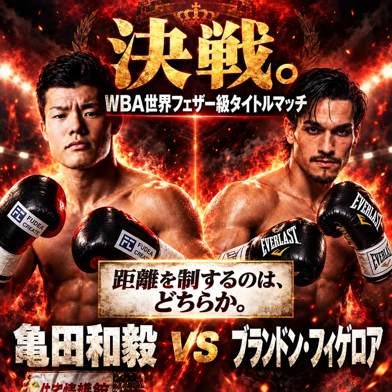 炎を背景に亀田和毅とブランドン・フィゲロアがグローブを構え、中央に「決戦。WBA世界フェザー級タイトルマッチ」と距離の主導権を問う文字を配置した対戦画像。
