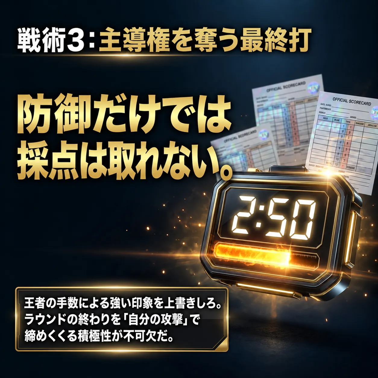 金色の文字で「防御だけでは採点は取れない」と示し、背後に公式スコアカード、右側に残り2分50秒を表示するタイマーを置いたボクシングの採点解説画像。