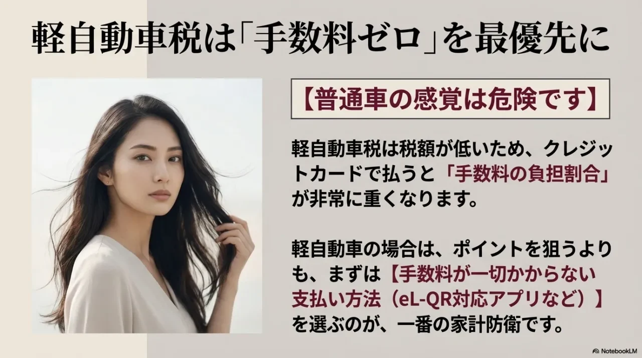 軽自動車税では手数料ゼロの支払い方法を優先すべきことを示す画像