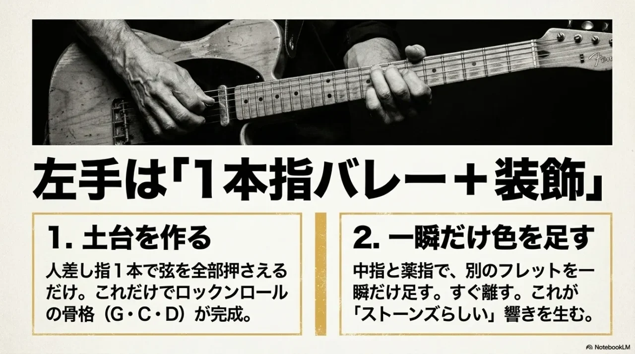 キース・リチャーズ風の1本指バレーと装飾コードの考え方