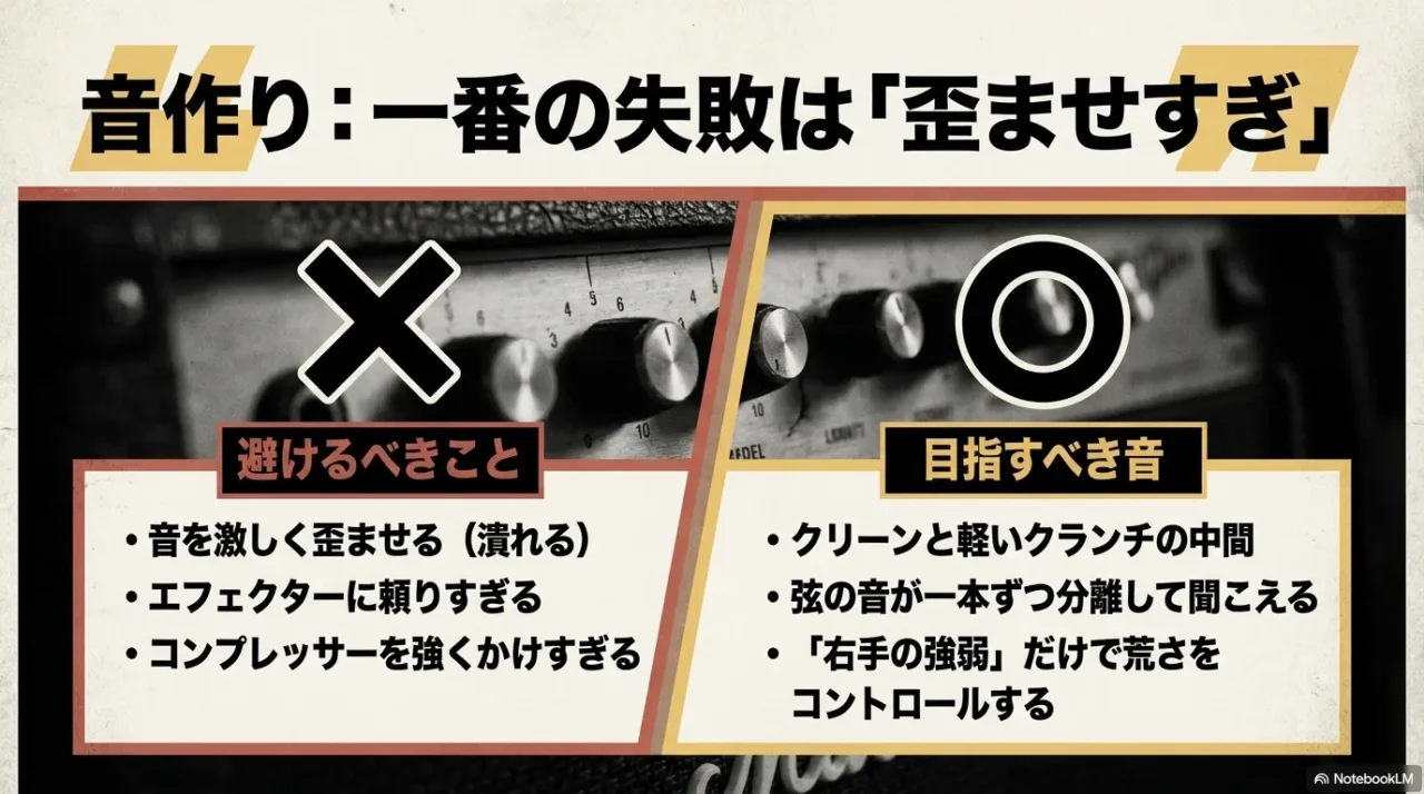 キース・リチャーズ風テレキャスター音作りで歪ませすぎを避ける説明