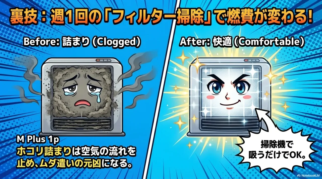 フィルター詰まりが燃費悪化の原因になるため、週1で掃除機吸引して効率を保つポイント