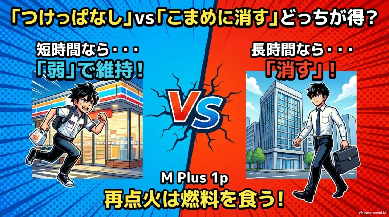 短時間は弱運転で維持、長時間は消火など、つけっぱなし判断を整理したスライド（電気代と灯油代の考え方）