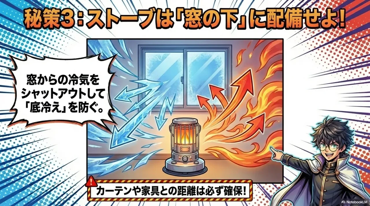 灯油ストーブを窓の下に置いて窓の冷気と底冷えを抑える配置のポイント