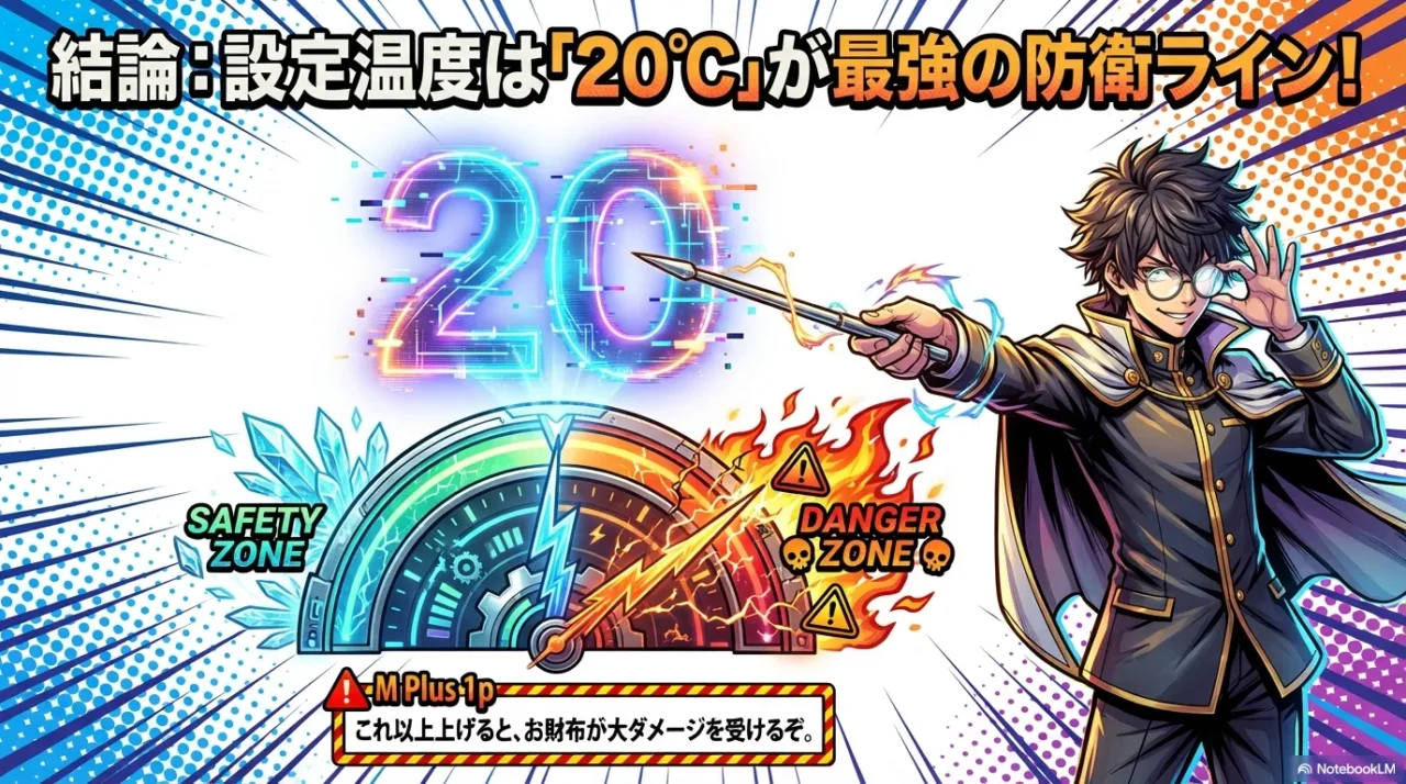 灯油ストーブの設定温度は20℃前後が節約の目安という結論を示す図
