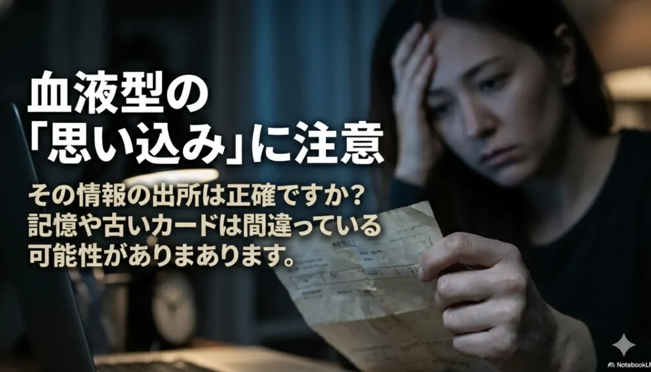 メモを見つめる女性が血液型情報を疑うイメージ画像
