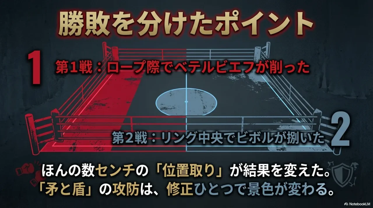 ロープ際で削った第1戦と、リング中央で捌かれた第2戦の位置取り比較