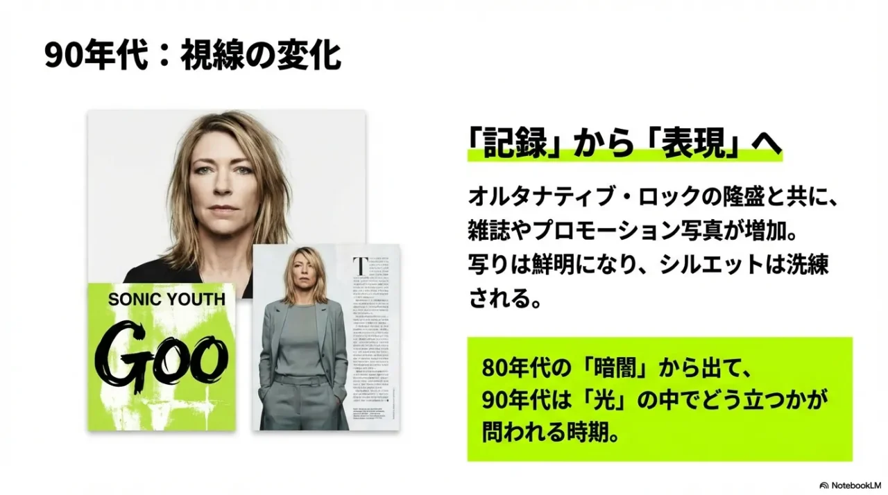 90年代に雑誌やプロモーション写真が増え写りが鮮明になったことを示すスライド