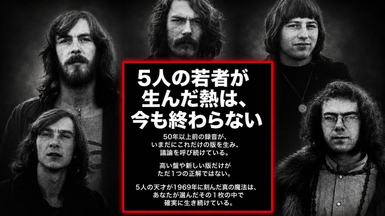 キング・クリムゾンのメンバー5人のモノクロ肖像を左右に配し、中央の赤枠に「5人の若者が生んだ熱は、今も終わらない」という記事の結びの言葉を置いた画像。