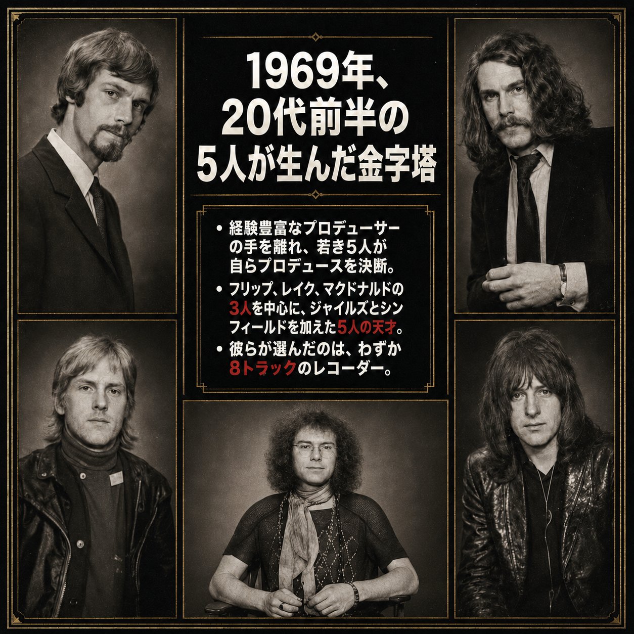 1969年のキング・クリムゾンのメンバー5人のモノクロ肖像を四隅と中央に配置し、セルフプロデュースの決断と8トラック・レコーダーの使用を3点で説明した解説画像。