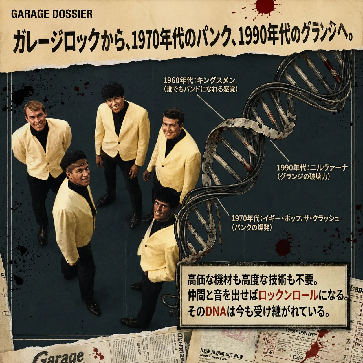 ガレージロックの歴史を解説するインフォグラフィック。黄色いジャケットを着た1960年代のバンドの写真とDNAの二重らせんを背景に、キングスメン、イギー・ポップ、ザ・クラッシュ、ニルヴァーナへと続くロックンロールの系譜を示す。