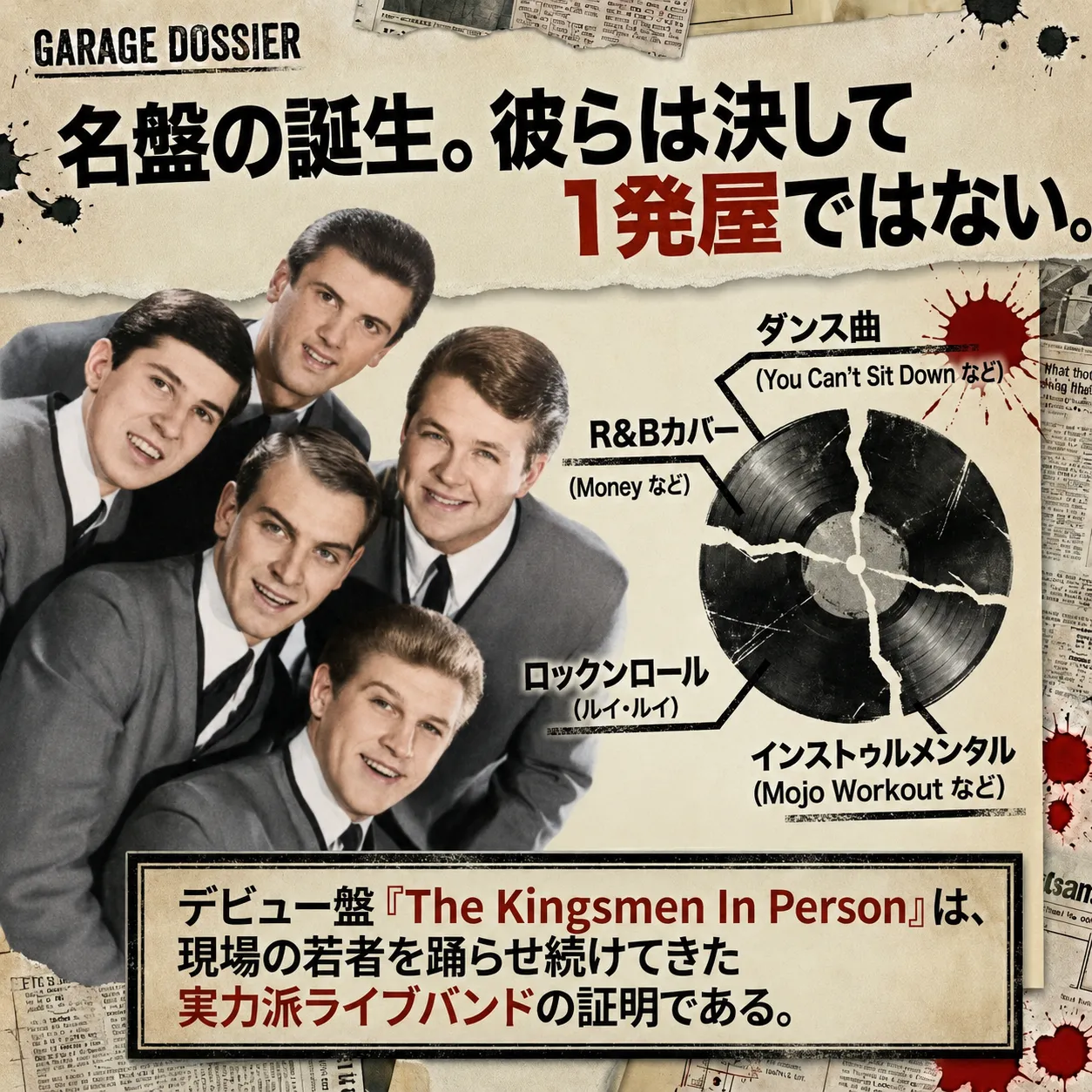 ガレージロックバンド、キングスメンの5人のメンバー写真とレコード盤を使った解説図。デビュー盤『The Kingsmen In Person』を紹介し、ダンス曲、R&Bカバー、ロックンロール「ルイ・ルイ」、インストゥルメンタルなど多彩な楽曲で実力派ライブバンドと示す。