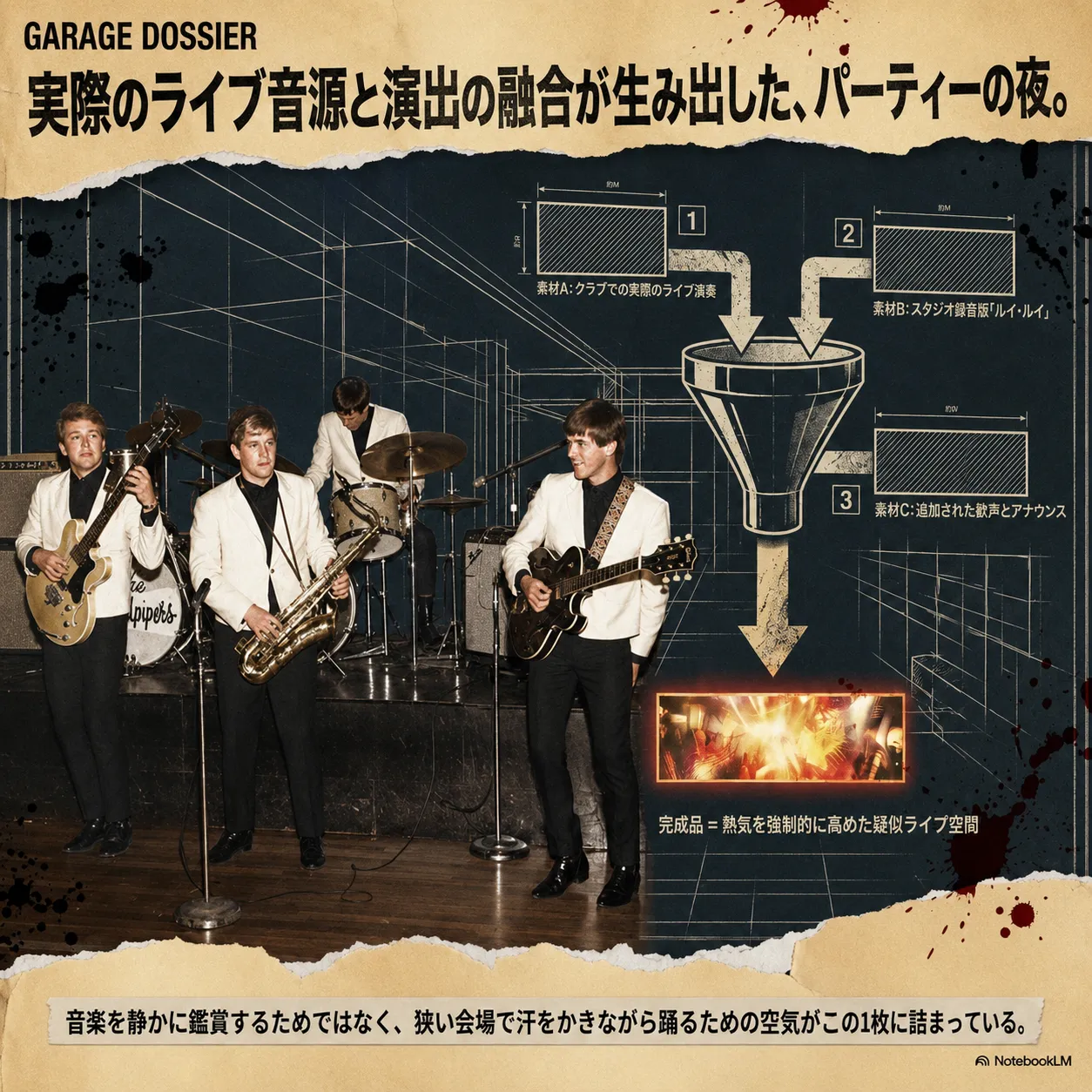 白いジャケットを着た4人組バンドがステージで演奏する写真と、ライブ音源・スタジオ録音版「ルイ・ルイ」・追加歓声を漏斗で融合させ疑似ライブ空間を作る制作工程図を組み合わせたGARAGE DOSSIERのインフォグラフィック。
