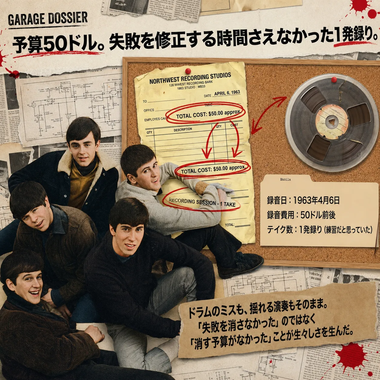 ガレージロックバンドの若者5人組のヴィンテージ写真と、1963年4月6日付の録音請求書(総額50ドル)、リール式テープを配したコルクボード風コラージュ。1発録りの臨場感を伝えるGarage Dossier資料。