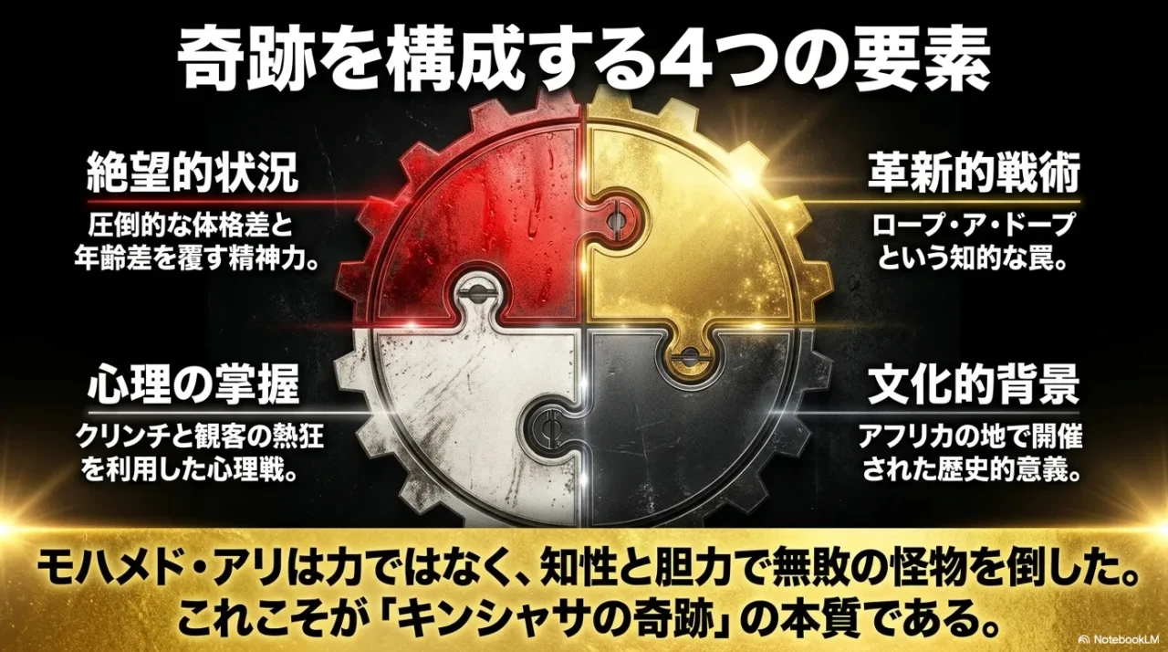 キンシャサの奇跡を構成する絶望的状況、戦術、心理、文化的背景の4要素を示す画像