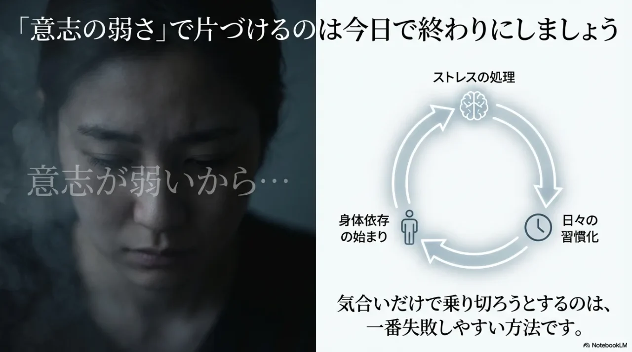 意志の弱さではなく、ストレス処理や習慣化、身体依存の流れで飲酒問題が深まることを示す画像