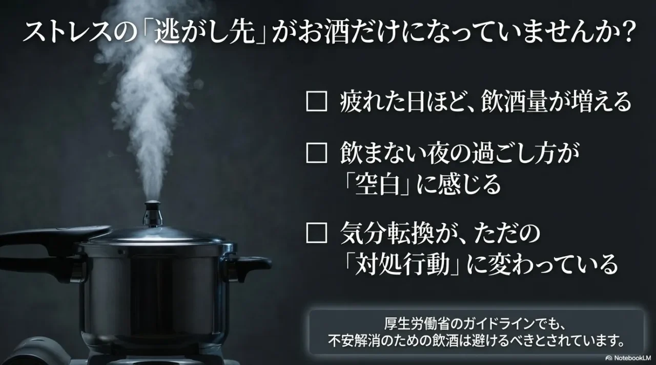 ストレスの逃がし先がお酒だけになっていないかを問いかける、飲酒習慣の固定化を示す画像