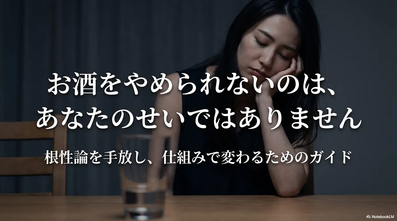 テーブルに座って疲れた表情を見せる女性とグラス。禁酒できない悩みは本人のせいではないと伝える導入用の画像