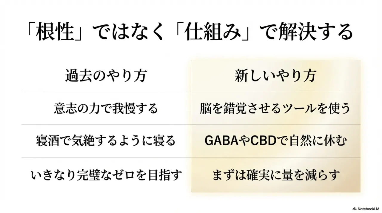 我慢や気絶するような寝方ではなく、脳を錯覚させる工夫や量を減らす仕組みで対処する考え方を示す画像