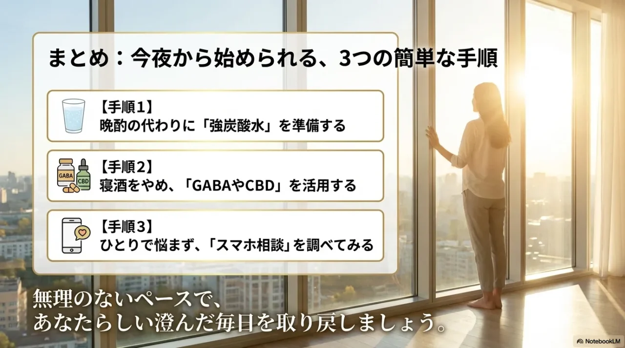 今夜から始められる3つの行動として、強炭酸の準備、寝酒の置き換え、相談先を調べることをまとめた画像
