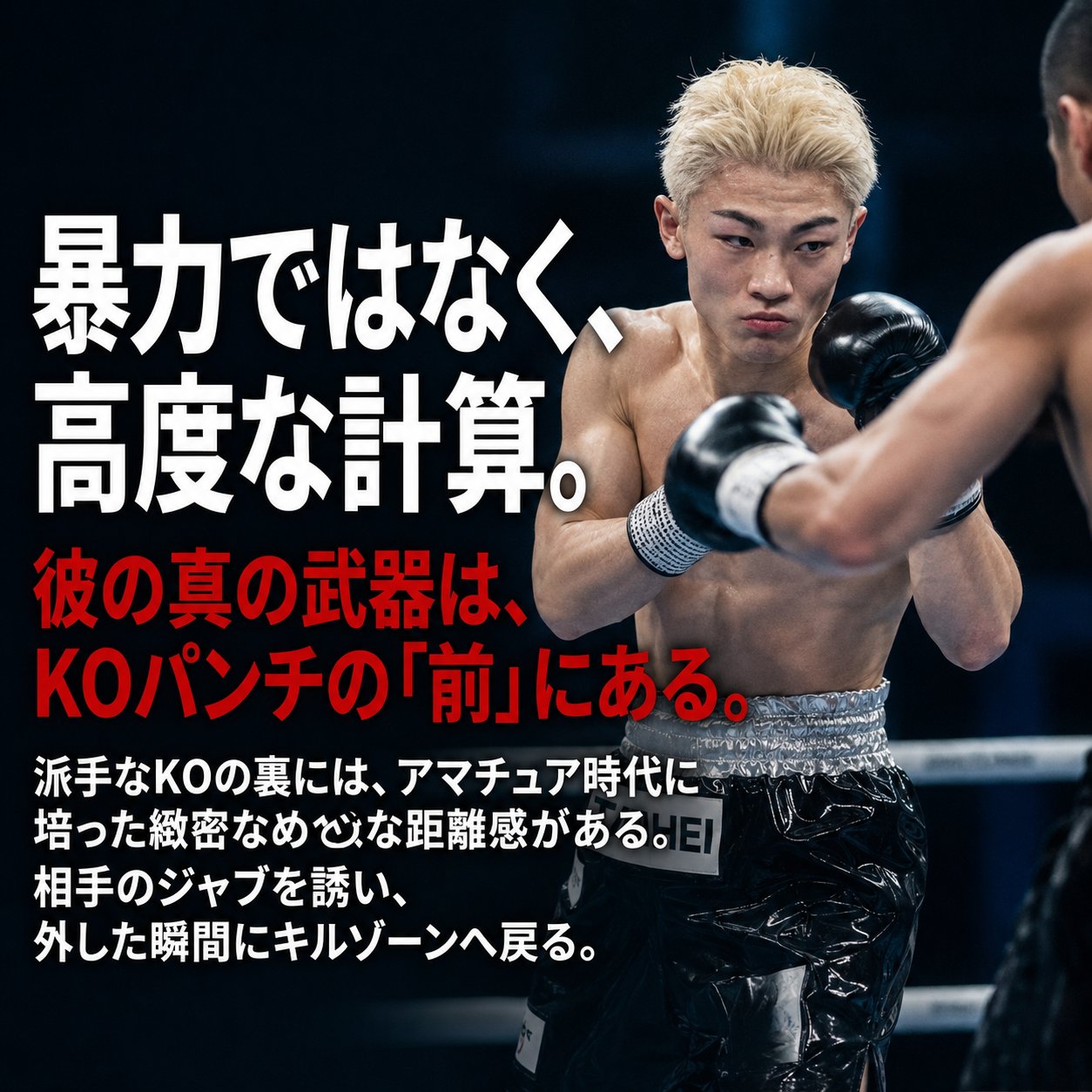 吉良大弥がグローブを構えて相手と対峙し、KOの背景にある距離感と計算された攻撃を説明するボクシング画像。