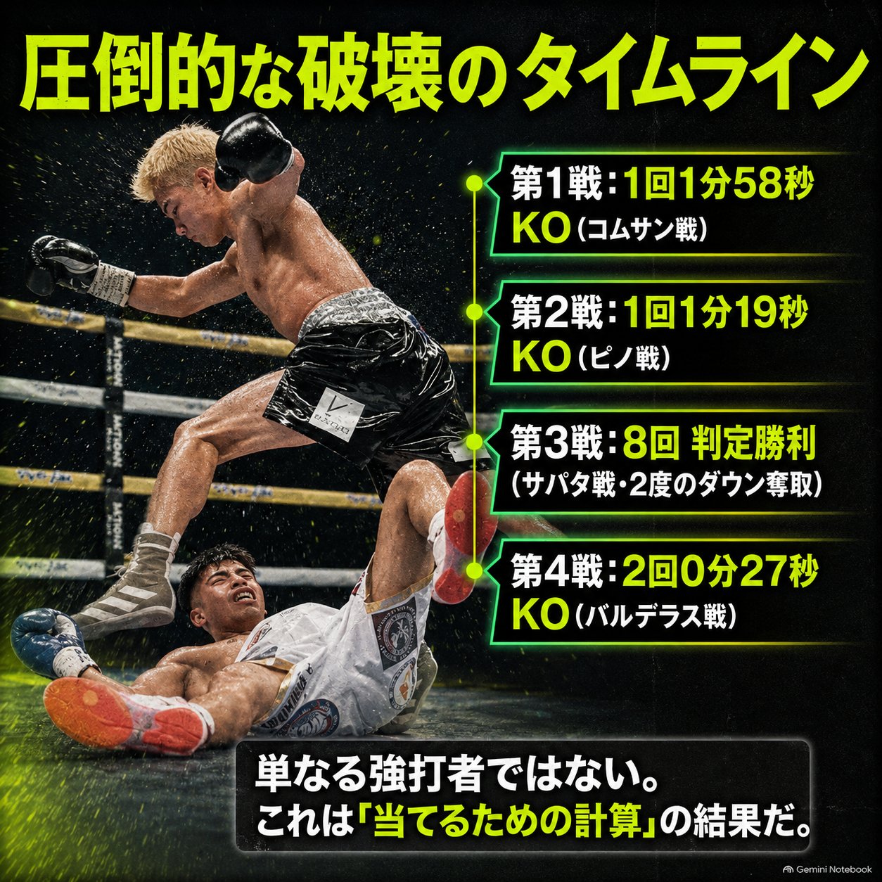 リング上の吉良大弥と対戦相手を背景に、プロ第1戦から第4戦までのKO・判定結果を時系列で整理した画像。