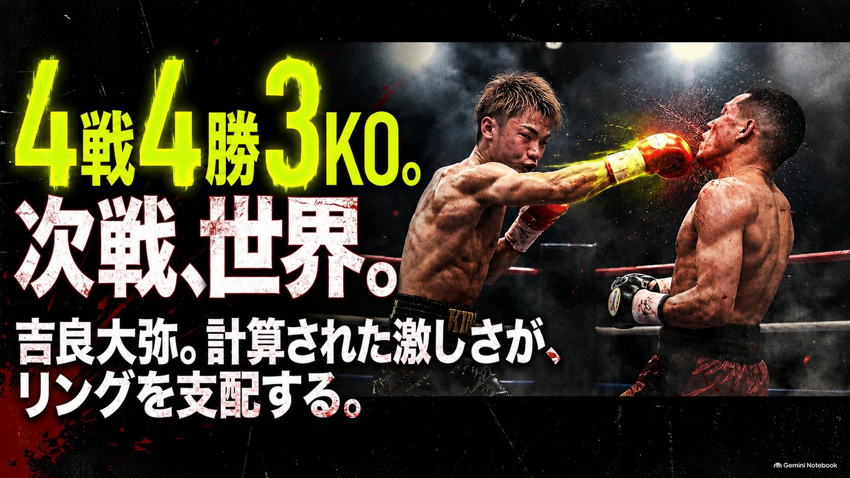 吉良大弥がリングで相手を打ち抜く場面と、プロ4戦4勝3KO・次戦世界戦を示すボクシング告知画像。