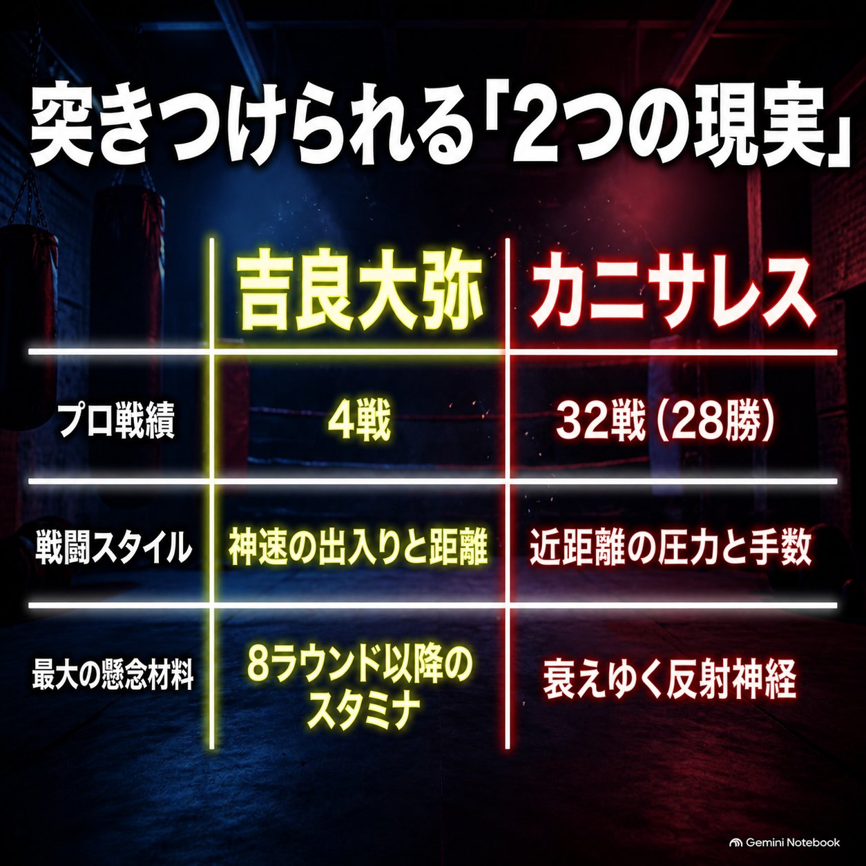 吉良大弥とカニサレスのプロ戦績、戦闘スタイル、懸念材料を左右2列で比較したボクシング分析表の画像。