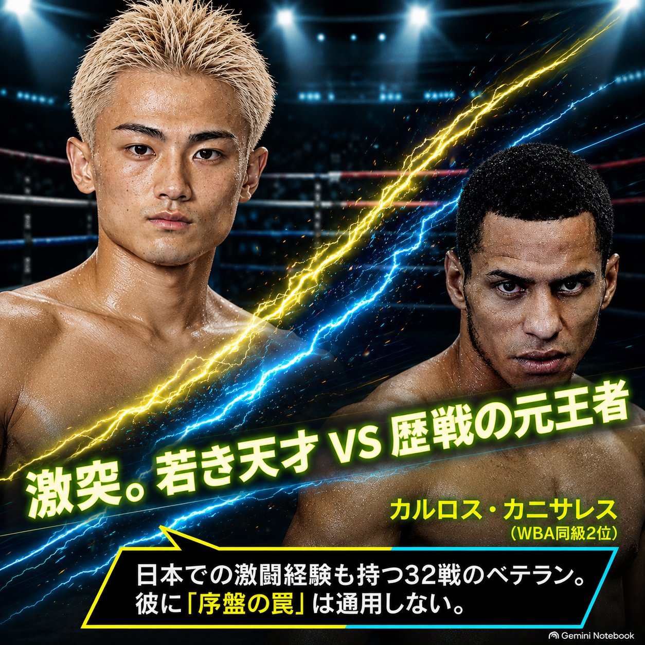 吉良大弥とカルロス・カニサレスを左右に配置し、若き挑戦者と歴戦の元王者の経験差を強調した世界戦対決画像。