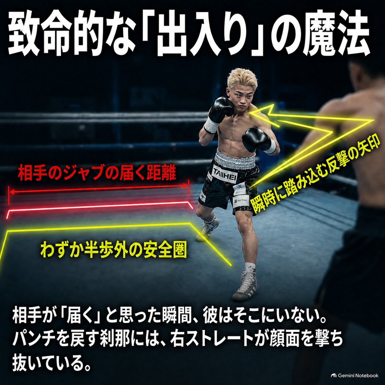 吉良大弥が相手のジャブ圏外から踏み込み、右ストレートへ移る動線を矢印と安全圏で図解した戦術画像。