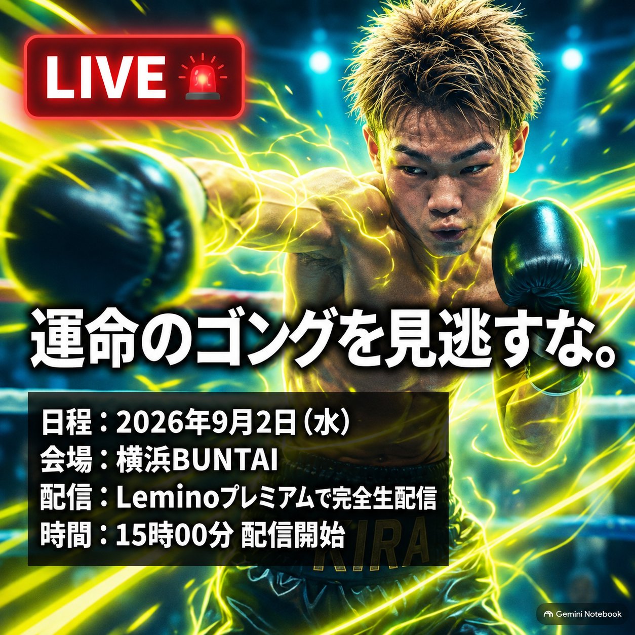 吉良大弥がリングでパンチを構える姿と、2026年9月2日・横浜BUNTAI・Lemino配信開始15時を示す告知画像。