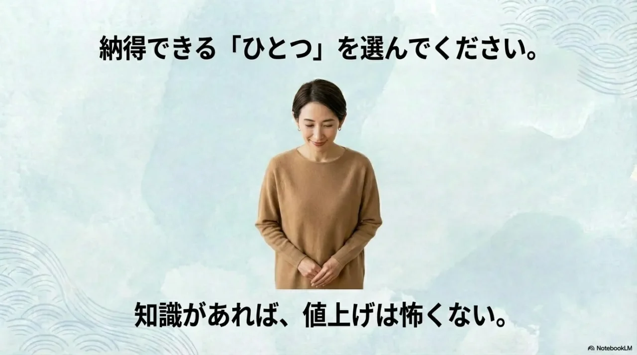 納得しておにぎりを選ぶことを促すクロージングの女性画像とメッセージ