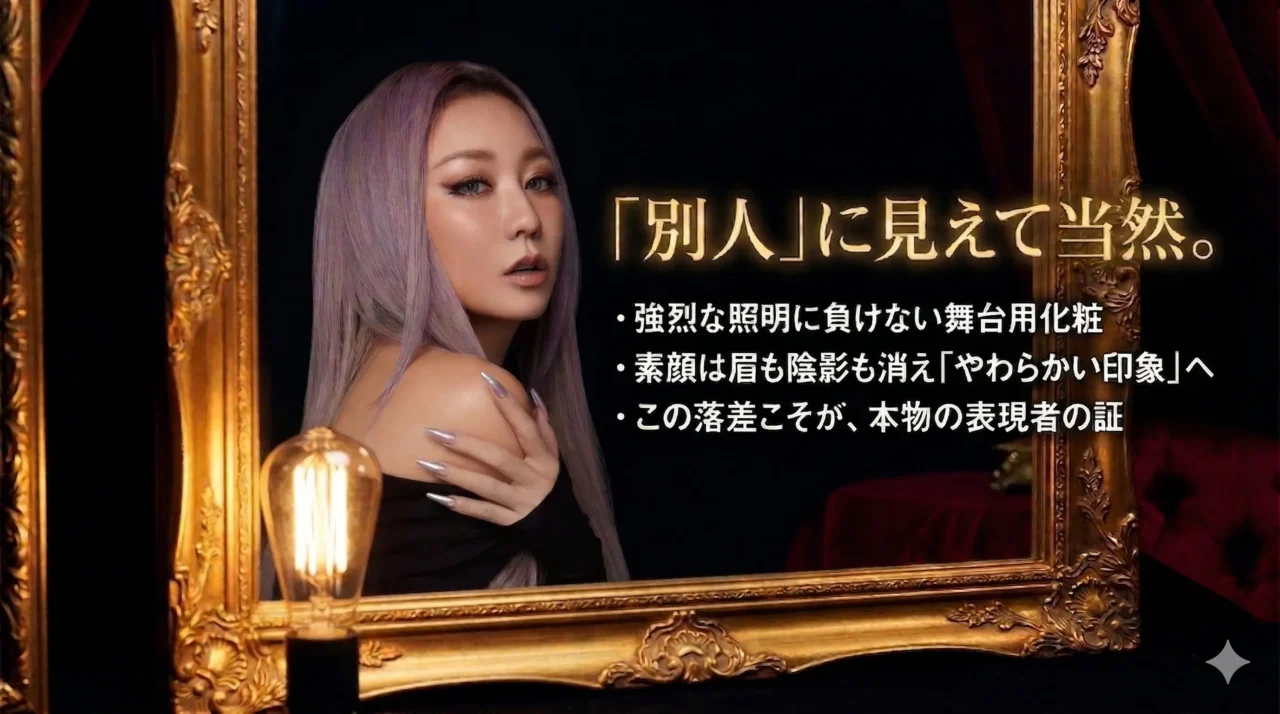 倖田來未 顔変わったの理由として、舞台用メイクと素顔の差を説明する画像。別人に見えて当然というメッセージが入っている