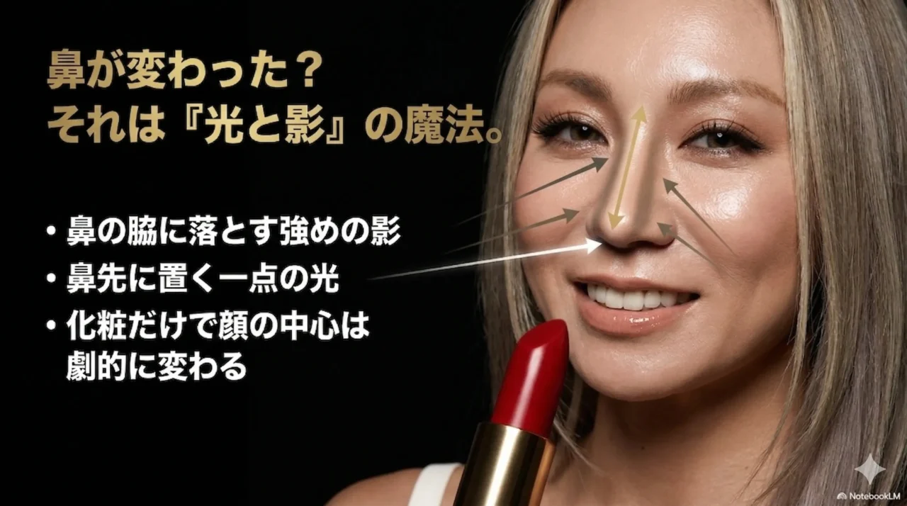 倖田來未 顔変わったの中でも鼻の見え方に注目した画像。ノーズシャドウとハイライトで鼻筋や小鼻の印象が変わることを示している