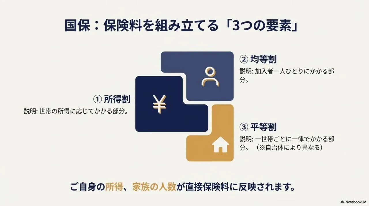 国民健康保険料を構成する3つの要素（所得割、均等割、平等割）とそれぞれの課税対象についての図解